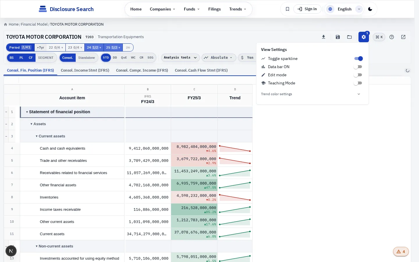 View settings popover